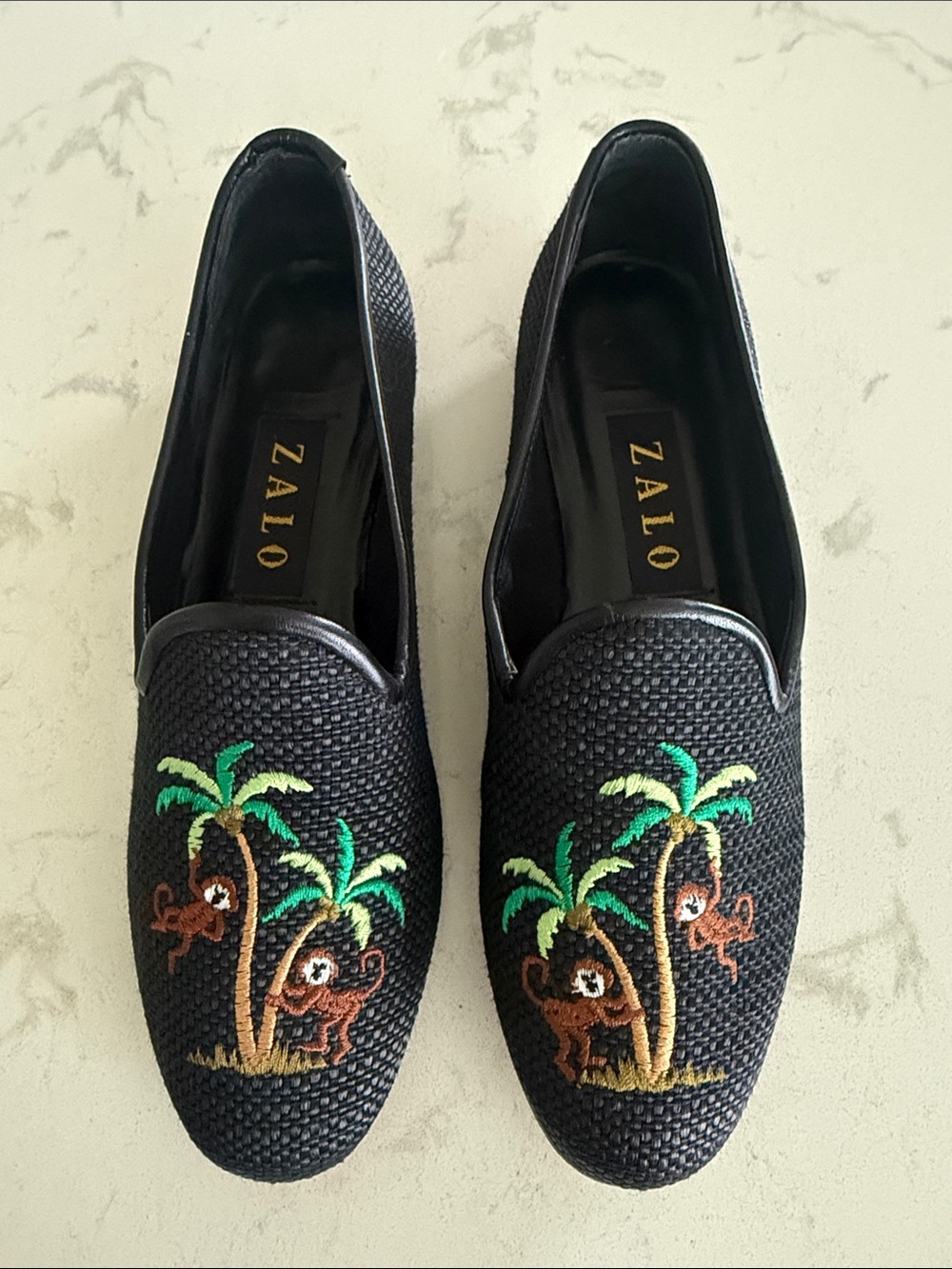 Zalo Black Loafers w/ Embroidered Monkey/ Palm Tree Details - Size 7 1/2